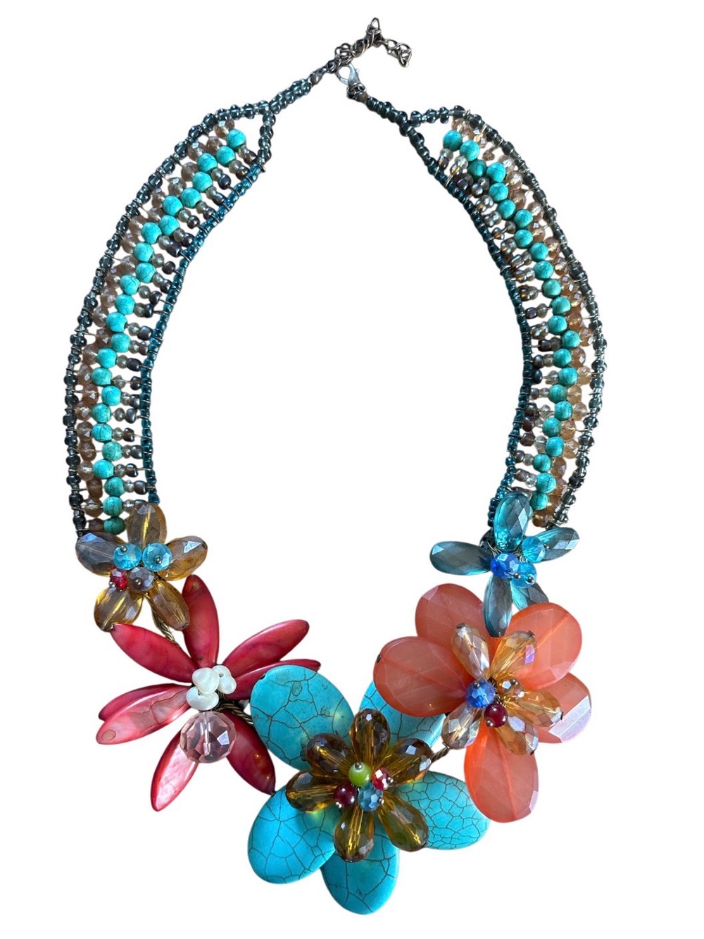 Vintage 2008 Boho
Chunky MultiStrand Flower Statement
Necklace Turquoise & Coral
